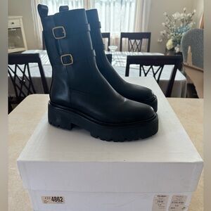 Celine Black Platform Boots with Gold Buckles